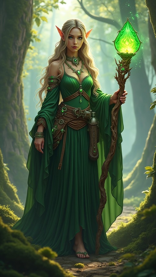 A blonde elf woman in a green dress holding a glowing staff in a sunlit forest.
