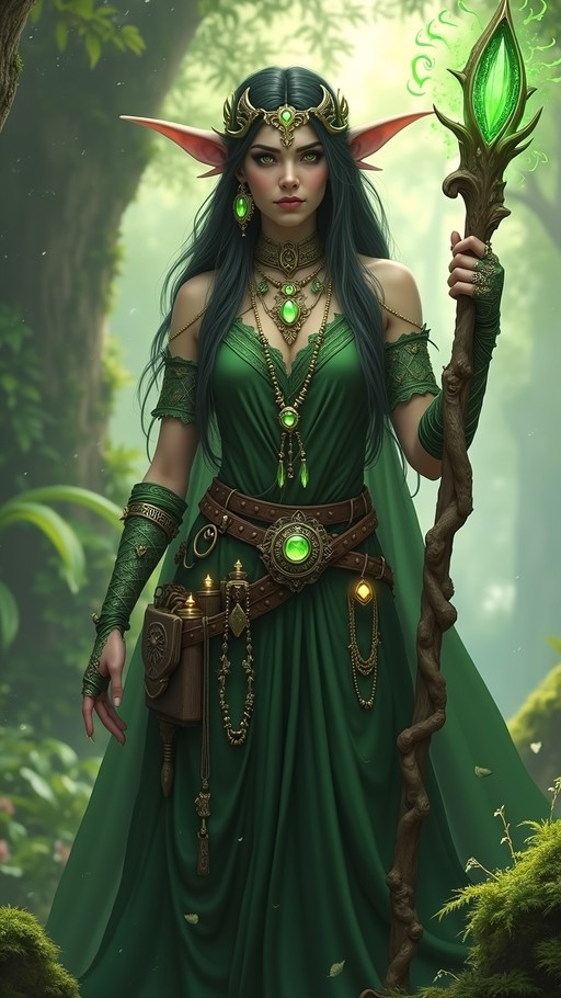 An elven woman with pointed ears and long dark hair stands in a forest wearing a green dress and holding a glowing staff.