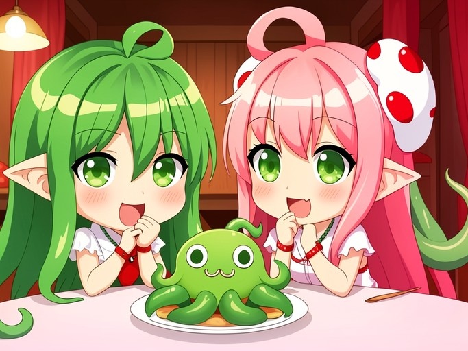 Two chibi anime girls with pointy ears look excitedly at a cute green octopus creature sitting on a plate.