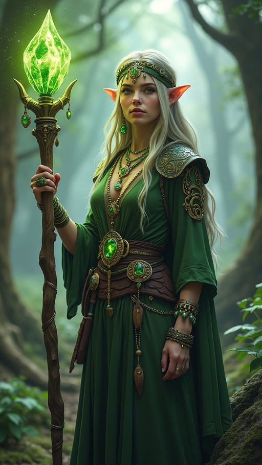 Female elf with white hair and pointed ears wearing a green dress and holding a staff with a glowing green crystal in a forest.