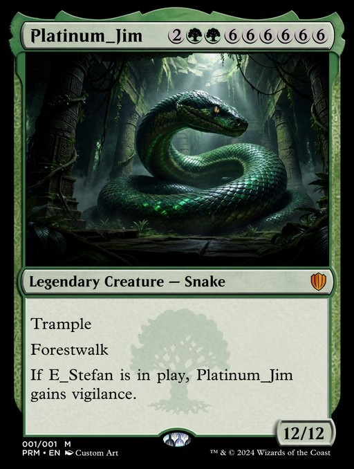 A digital illustration of a custom Magic: The Gathering card featuring a large green snake coiled in ancient ruins, named Platinum_Jim with Trample and Forestwalk abilities.