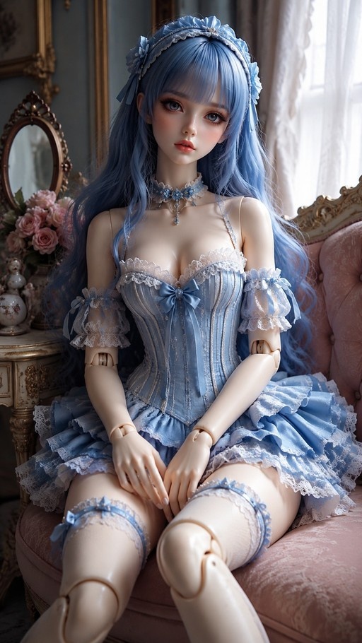 A blue-haired ball-jointed doll with visible arm and leg joints sits on a pink chair wearing a light blue frilly Lolita dress and white thigh-high stockings.