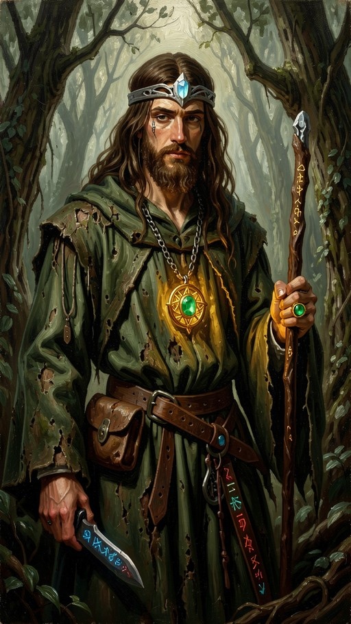 A bearded fantasy wizard with long brown hair stands in a forest wearing a tattered green robe and holding a runic staff and dagger.