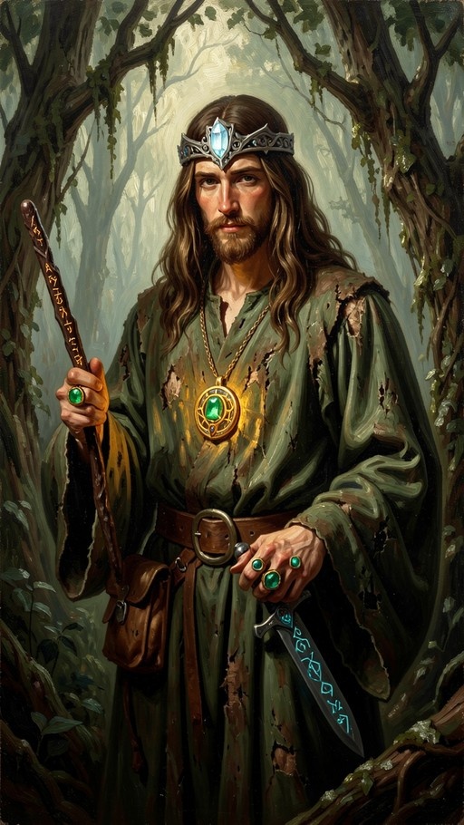 Fantasy king with long brown hair and beard in a tattered green robe and crown holding a wooden staff and runed dagger in a forest.