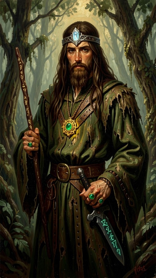 A bearded man in tattered green robes stands in a forest holding a wooden staff and a glowing dagger, wearing emerald rings and a jeweled circlet.