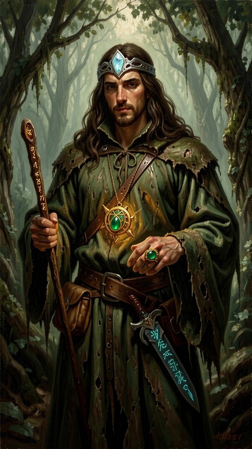 A bearded fantasy wizard in a tattered green robe stands in a forest holding a wooden staff, wearing a circlet with a blue gem and a glowing sword at his hip.