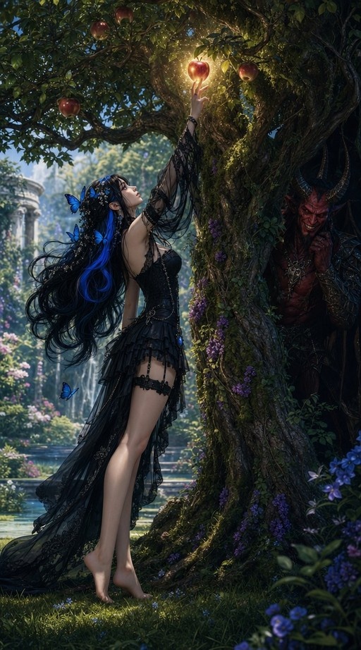 A fantasy illustration of a woman with black and blue hair reaching for a glowing apple while a red demon hides behind the tree watching her.