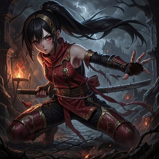 A young woman with long black hair and red eyes in a dynamic pose holding a sword amidst dark ruins under a stormy sky with lightning.