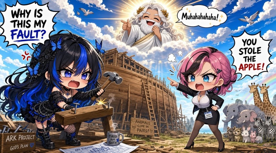 A chibi anime girl with black and blue hair hammers wood for Noah's Ark while a laughing God points from the clouds and a pink-haired woman accuses her of stealing an apple.