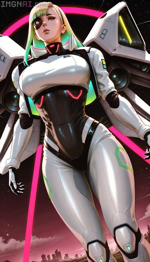 A female cyberpunk pilot with an eyepatch and mechanical wings soars through a starry sky above a cityscape.