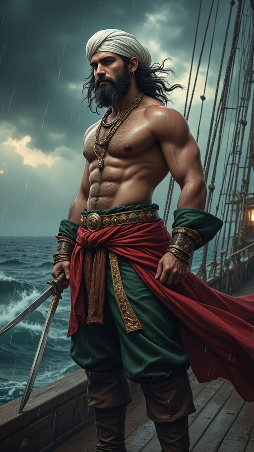 A shirtless muscular pirate with a beard and turban holding a sword on a rainy ship deck.