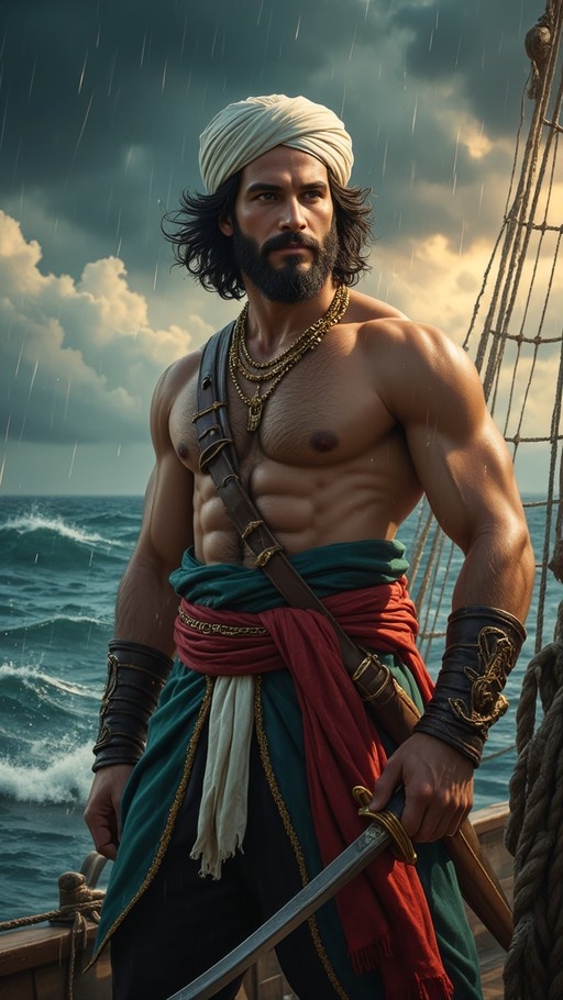 A shirtless muscular pirate with a beard and white turban stands on a ship deck holding a sword while rain falls over the rough ocean.