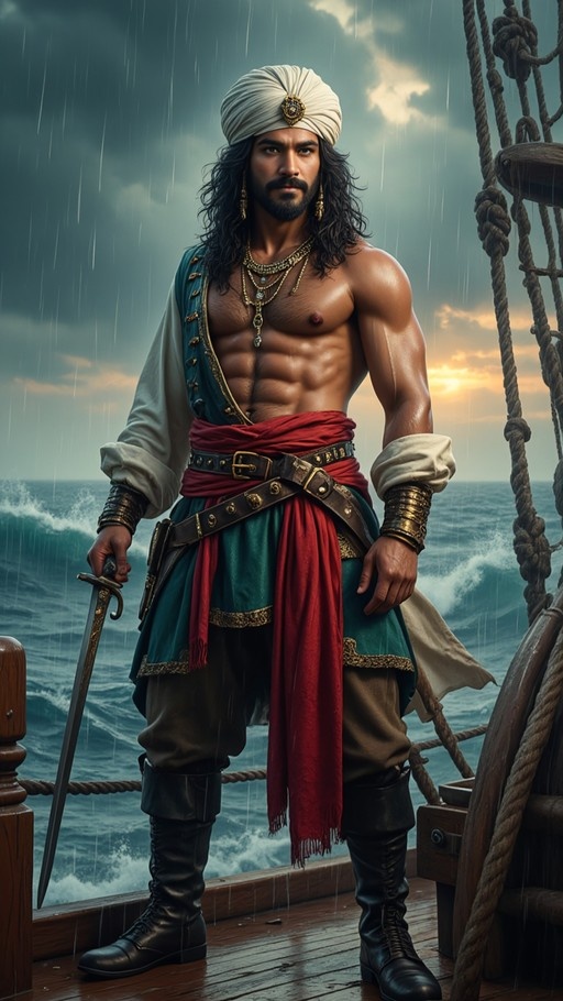 A muscular dark-skinned pirate captain wearing a white turban, open teal vest, and red sash stands on a ship deck holding a sword, with rough ocean waves and rain in the background.