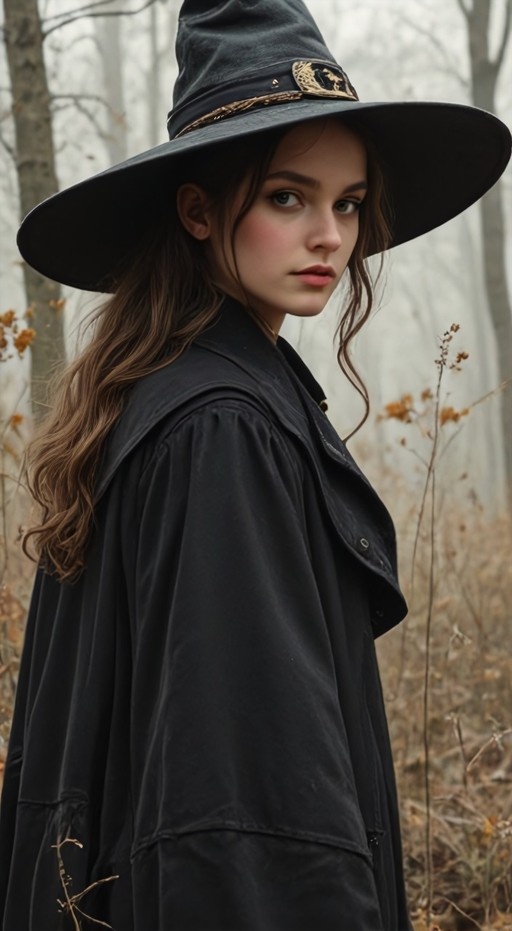 A realistic portrait of a young woman with long brown hair wearing a large black pointed witch hat and a black coat standing in a forest looking back at the viewer.