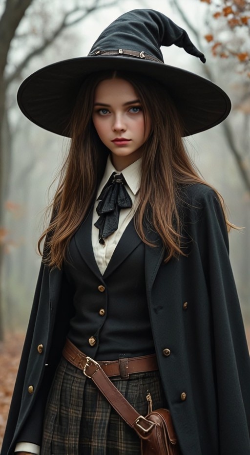 A young woman with long brown hair and blue eyes stands in an autumn forest wearing a large black pointed witch hat, a dark cape over a vest, and a green plaid skirt.