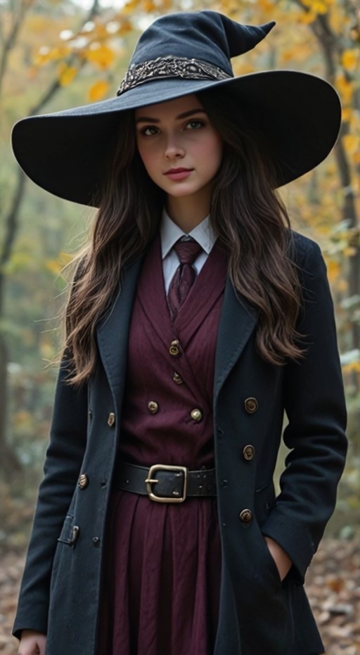 A young woman with long brown hair wearing a large pointed witch hat, a maroon vest and tie, and a dark coat stands in an autumn forest looking at the viewer.