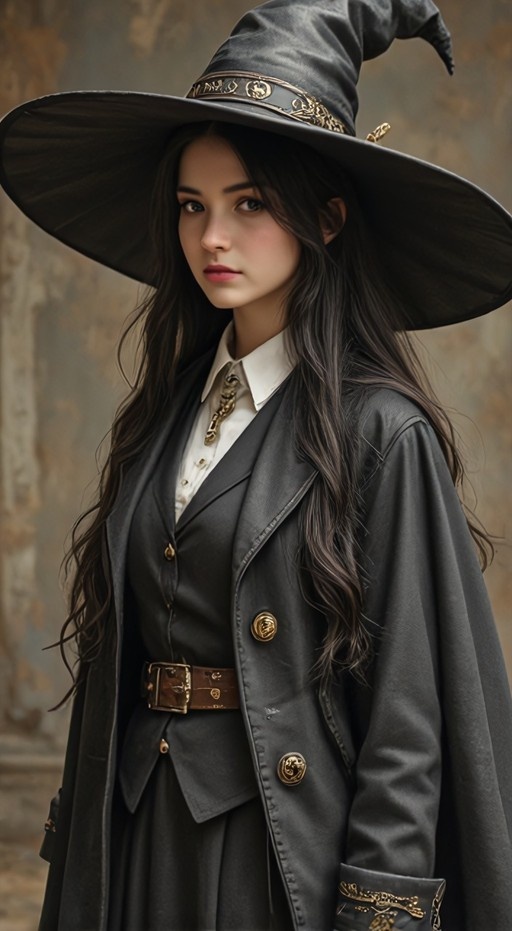 A young woman with long dark hair wearing a large pointed witch hat and a dark coat over a white shirt.