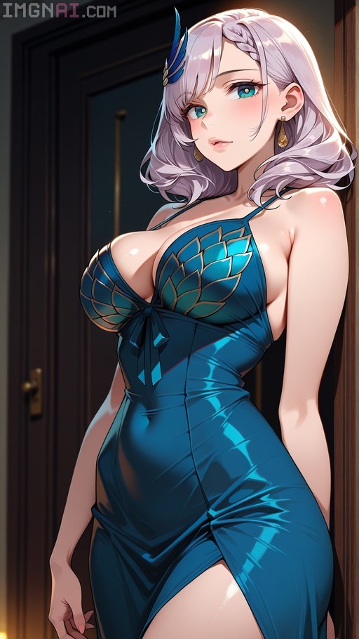 Pavolia Reine wearing a shiny blue dress with scale patterns, leaning against a door and looking back.