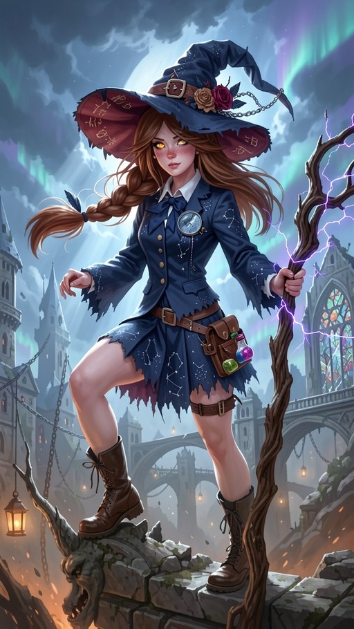 A young witch with brown hair stands on stone ruins holding a staff crackling with purple lightning. She wears a large blue hat with roses and a tattered dark blue jacket with constellation patterns, carrying a pouch of potions.
