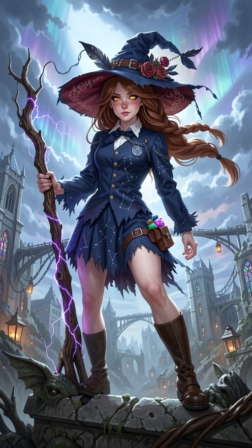 A full-body digital illustration of a young witch with long brown braided hair standing on a stone ruin. She wears a large blue hat with roses and feathers, and a tattered dark blue uniform with constellation patterns. She holds a wooden staff emitting purple lightning, with a gothic city and towers