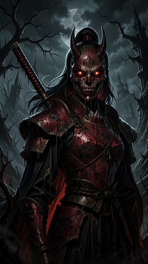 A female samurai wearing a red horned oni mask and red armor stands in a dark forest with a katana on her back under a full moon.