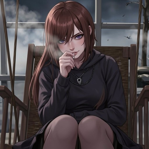 A young woman with long brown hair and purple eyes sits on a wooden chair outdoors, wearing a black hoodie and holding a cigarette to her lips while smoke drifts around her face against a cloudy sky background.