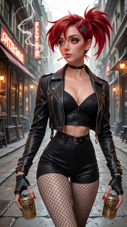 A red-haired woman with a high ponytail wearing a black leather jacket and fishnet stockings walks down an urban alleyway while smoking a cigarette and carrying two gold cans.