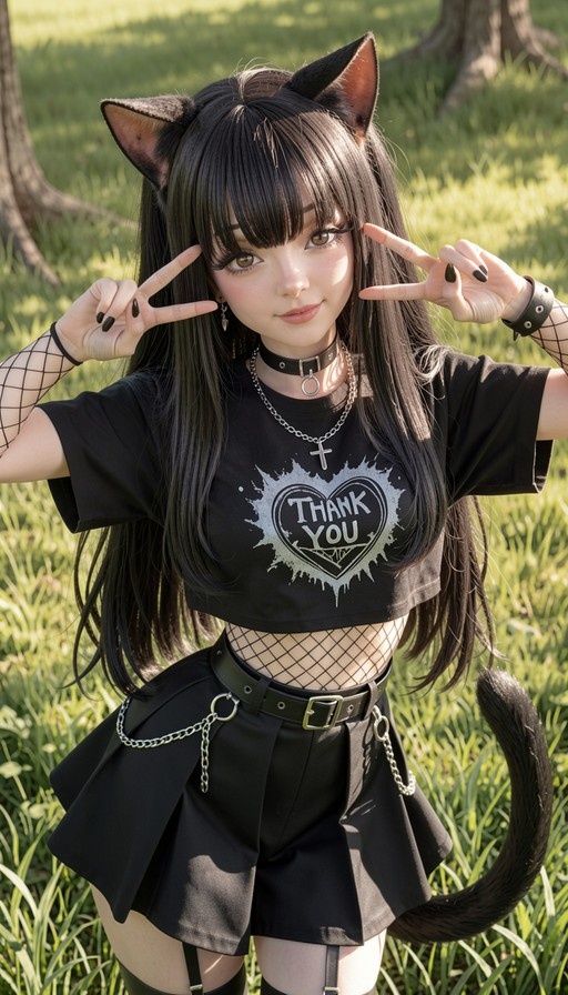 A smiling catgirl with long black hair and brown eyes stands in a grassy field making double peace signs, wearing a black "Thank You" crop top, fishnet sleeves, and a pleated skirt with chains.