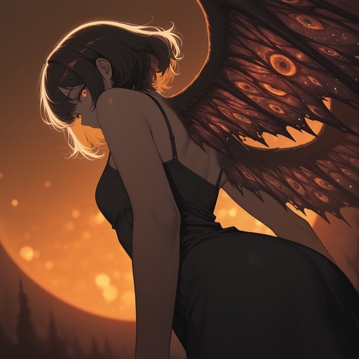 Anime girl with short dark hair and orange eyes wearing a black dress, standing before a large orange moon with large wings featuring eye patterns.