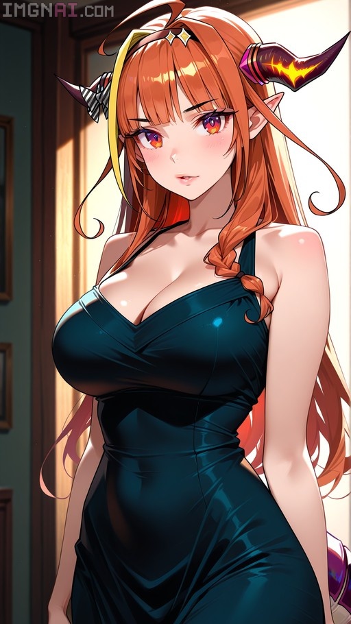 Digital illustration of VTuber Kiryu Coco with long orange hair, dragon horns, and multicolored eyes, wearing a tight dark sleeveless dress.