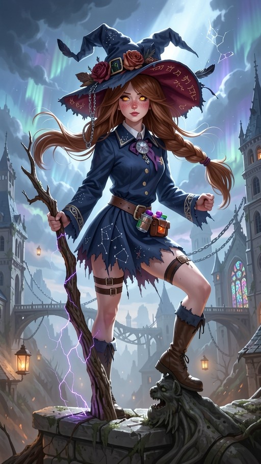 A full-body digital illustration of a young witch with brown hair and glowing orange eyes standing on a stone gargoyle head while holding a wooden staff emitting purple lightning against a fantasy cityscape backdrop.