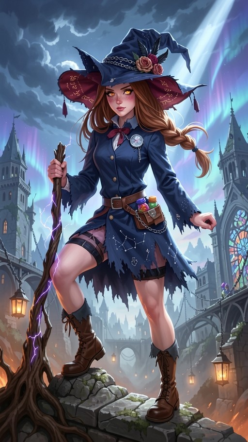 A young witch with long brown hair and amber eyes stands on a stone wall holding a wooden staff that emits purple lightning. She wears a large blue hat with roses and a tattered blue dress with constellation patterns, set against a backdrop of gothic towers and an aurora sky.