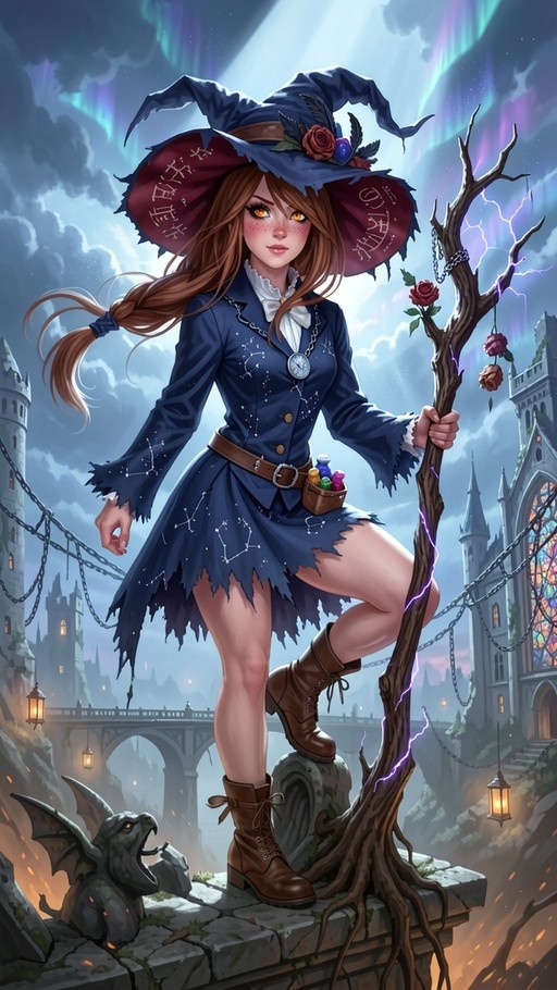 A young witch with brown hair and orange eyes stands on a stone ledge holding a gnarled wooden staff crackling with purple lightning. She wears a tattered blue dress patterned with constellations and a large hat adorned with roses, set against a backdrop of a magical castle under an aurora sky.