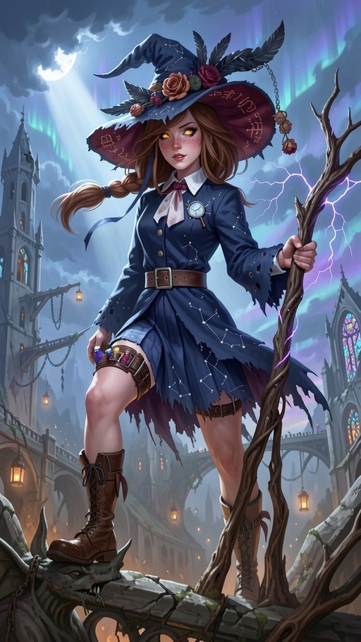 A digital illustration of a young witch with glowing orange eyes and brown braided hair standing on stone ruins at night. She wears a large blue hat adorned with roses and feathers, and a torn blue coat with constellation patterns. She holds a gnarled staff crackling with purple lightning against aÂ