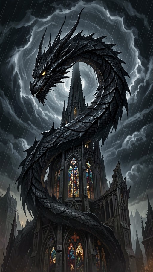 A large black dragon with glowing yellow eyes coils around a gothic cathedral during a heavy rainstorm with lightning in the sky.