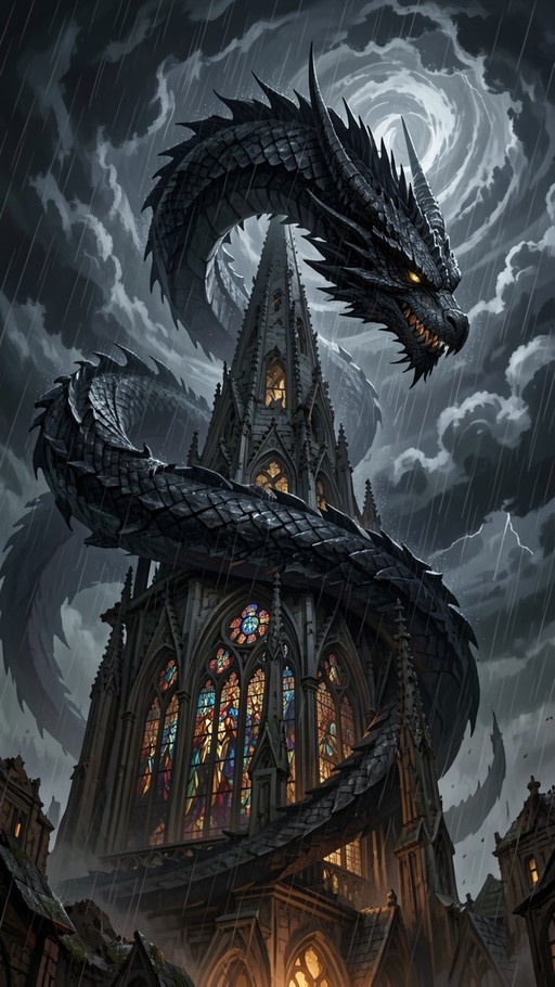 A large black dragon with glowing yellow eyes wraps its body around a stone gothic church tower while rain falls heavily, illuminating colorful stained glass windows in the gloom.
