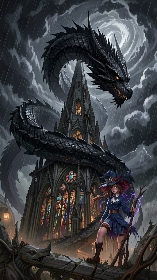 A young witch in a blue hat and dress stands holding a glowing staff in front of a gothic church while a large black dragon flies overhead in the rain.