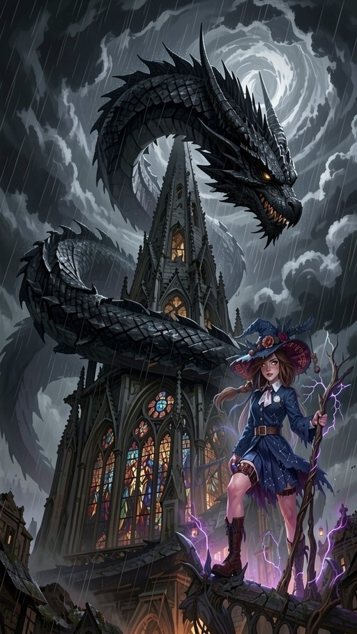 A young witch in a blue uniform and hat stands on a rooftop holding a crackling staff while a giant black dragon coils around a gothic cathedral spire in the rain.