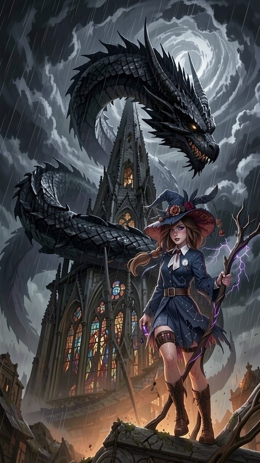 A young witch holding a lightning staff stands before a gothic church as a large black dragon coils around the spire in a stormy sky.