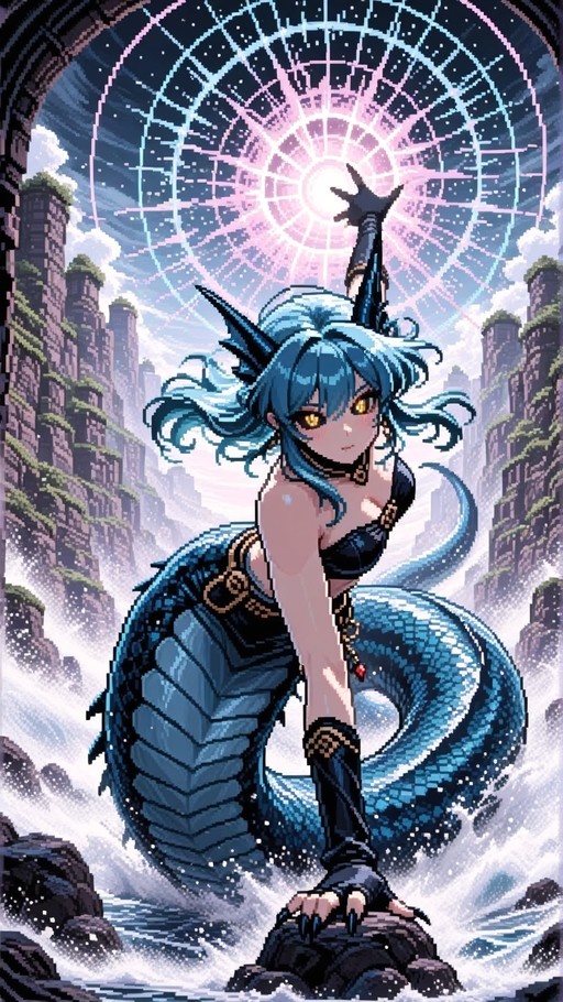 A pixel art illustration of a blue-haired dragon girl with a large scaled tail casting a spell under a glowing magical circle in the sky.
