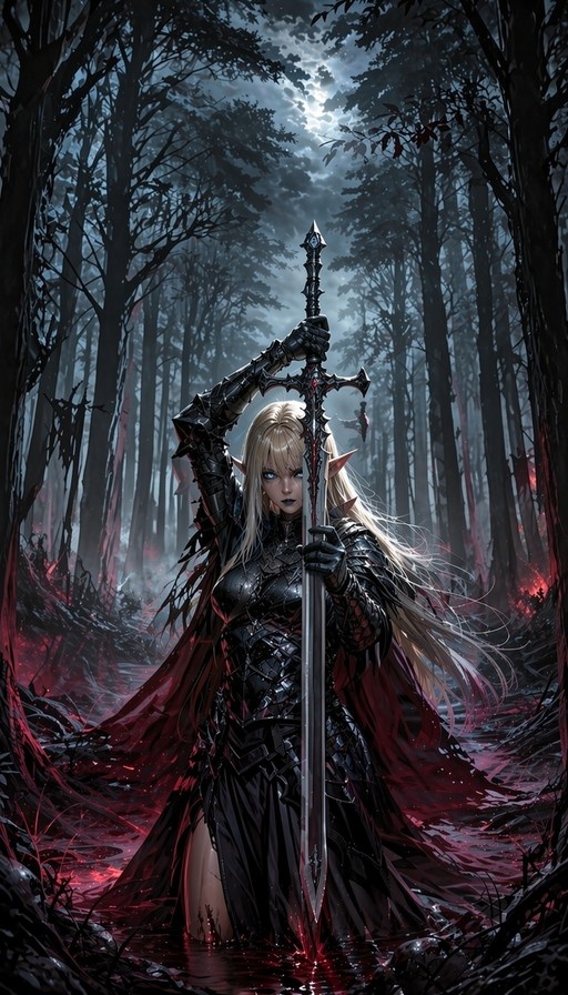A blonde elf warrior in black armor holding a large sword upright in a dark forest with red liquid on the ground.