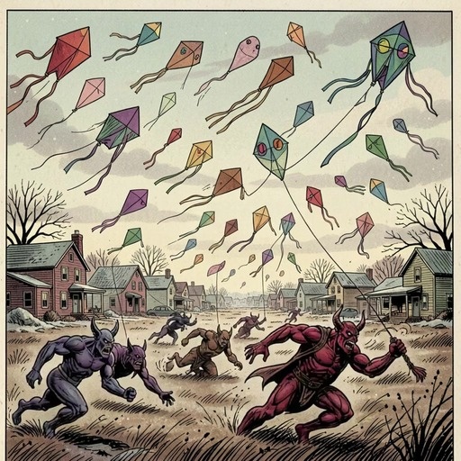Three horned superheroes in capes stand on a suburban street while demonic creatures and colorful kites fly above them in a retro comic style.
