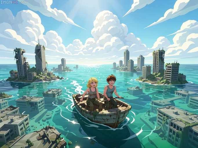 Anime-style illustration of a boy and girl rowing a boat through a flooded city with overgrown ruins under a sunny sky.