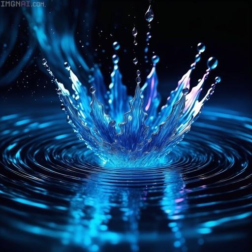 A glowing blue water splash forming a crown shape with droplets falling in and ripples spreading on a dark surface