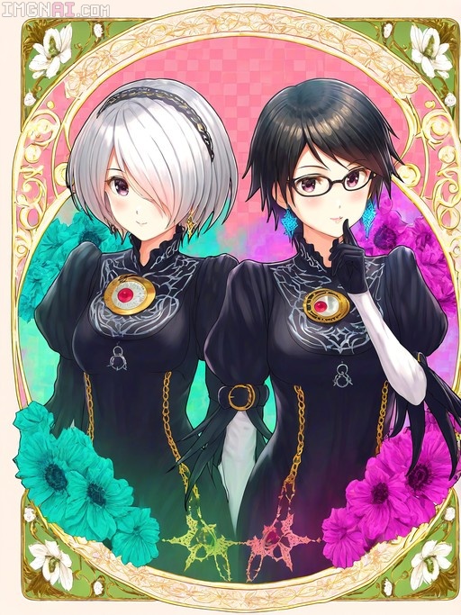 Two anime-style women in black dresses standing side-by-side within a golden Art Nouveau frame decorated with flowers