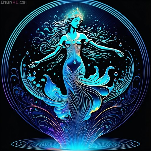 A blue-skinned Undine water spirit dances within a circular frame, featuring Art Nouveau styling with neon blue hues and flowing water-like details.