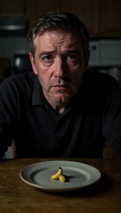 A middle-aged man with stubble stares intensely at a small bunch of bananas on a plate in front of him.