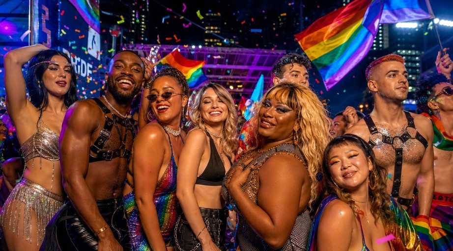 A diverse group of smiling people posing together at a nighttime Pride celebration with rainbow flags and falling confetti in the background.