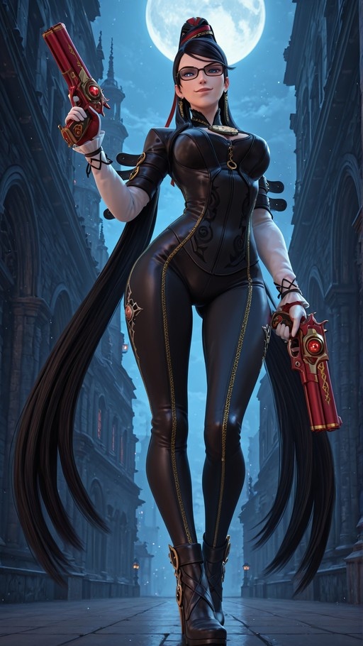 Bayonetta stands in a moonlit city street holding dual red pistols.