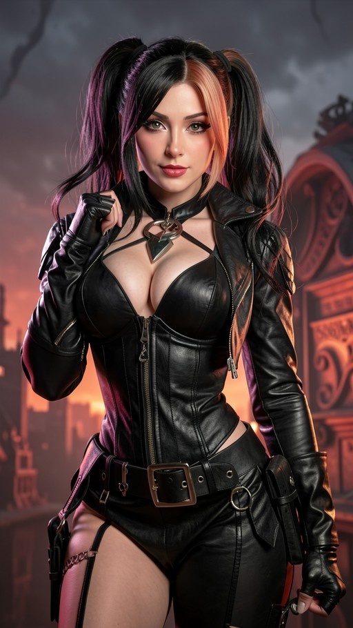 A woman cosplaying as Harley Quinn stands in a black leather jacket and corset with her signature black and pink pigtails against a blurred city background.